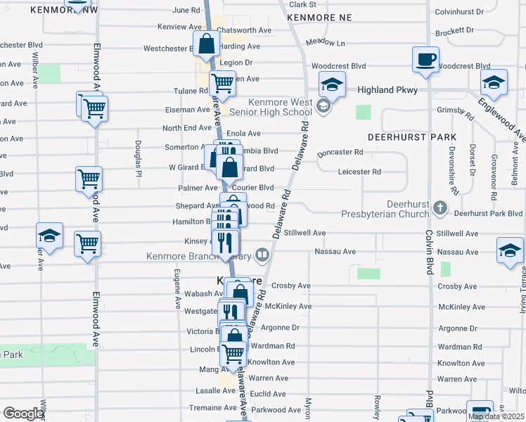 map of restaurants, bars, coffee shops, grocery stores, and more near 57 Delwood Road in Buffalo
