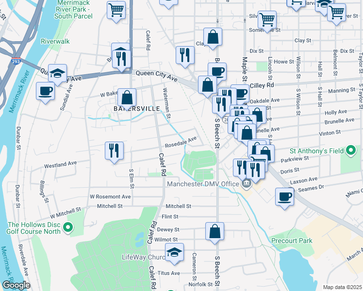 map of restaurants, bars, coffee shops, grocery stores, and more near 175 Rosedale Avenue in Manchester