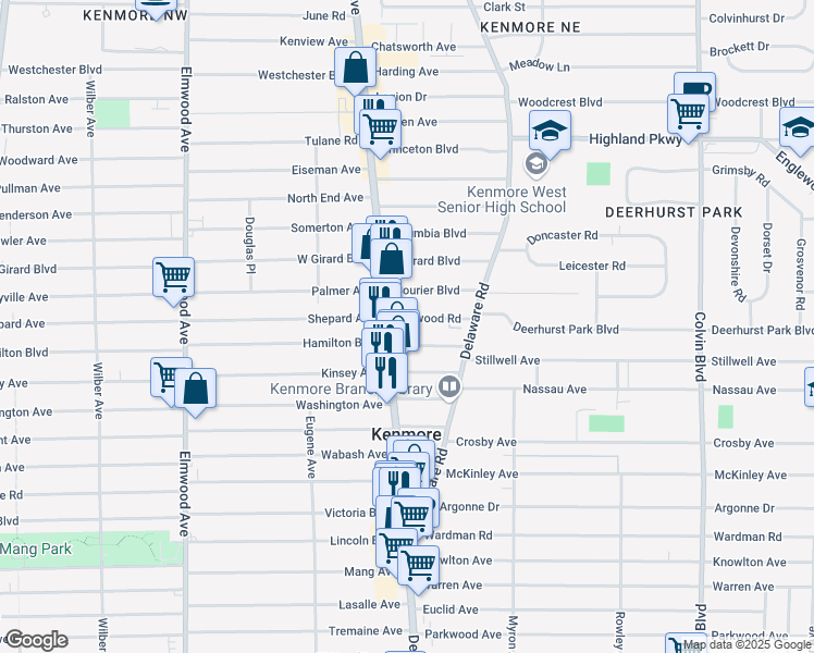map of restaurants, bars, coffee shops, grocery stores, and more near 17 Delwood Rd in Buffalo