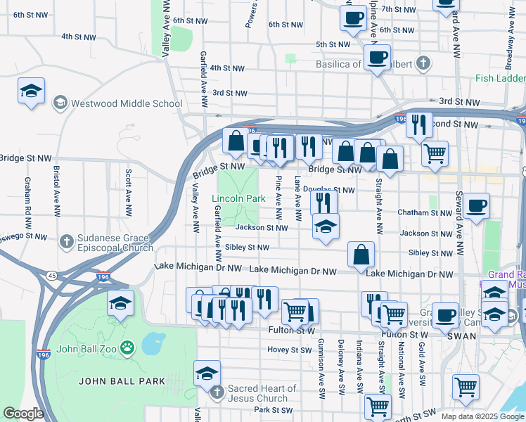 map of restaurants, bars, coffee shops, grocery stores, and more near 256 Marion Avenue Northwest in Grand Rapids