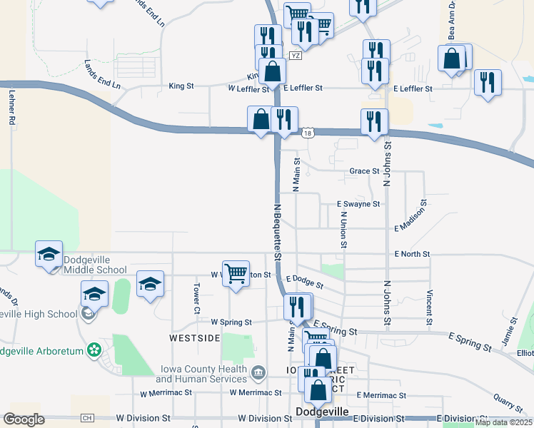 map of restaurants, bars, coffee shops, grocery stores, and more near 1002 North Bequette Street in Dodgeville