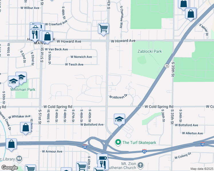 map of restaurants, bars, coffee shops, grocery stores, and more near 4197 South 43rd Street in Greenfield