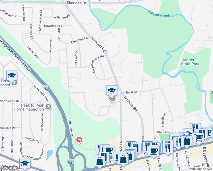 map of restaurants, bars, coffee shops, grocery stores, and more near 50 Morningside Lane in Buffalo