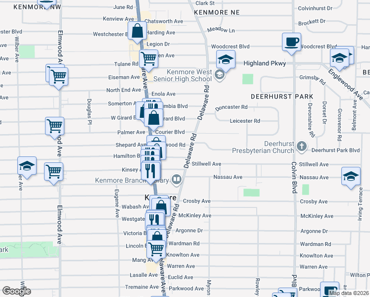 map of restaurants, bars, coffee shops, grocery stores, and more near 57 Delwood Road in Buffalo