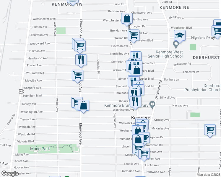 map of restaurants, bars, coffee shops, grocery stores, and more near 98 Shepard Avenue in Buffalo
