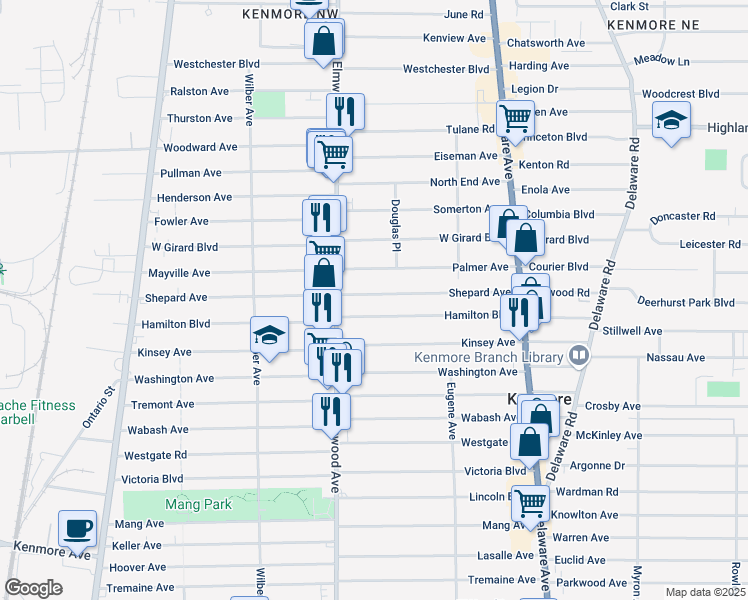 map of restaurants, bars, coffee shops, grocery stores, and more near 176 Shepard Avenue in Buffalo