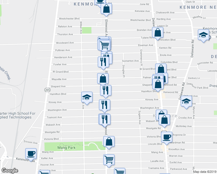 map of restaurants, bars, coffee shops, grocery stores, and more near 2630 Elmwood Avenue in Kenmore