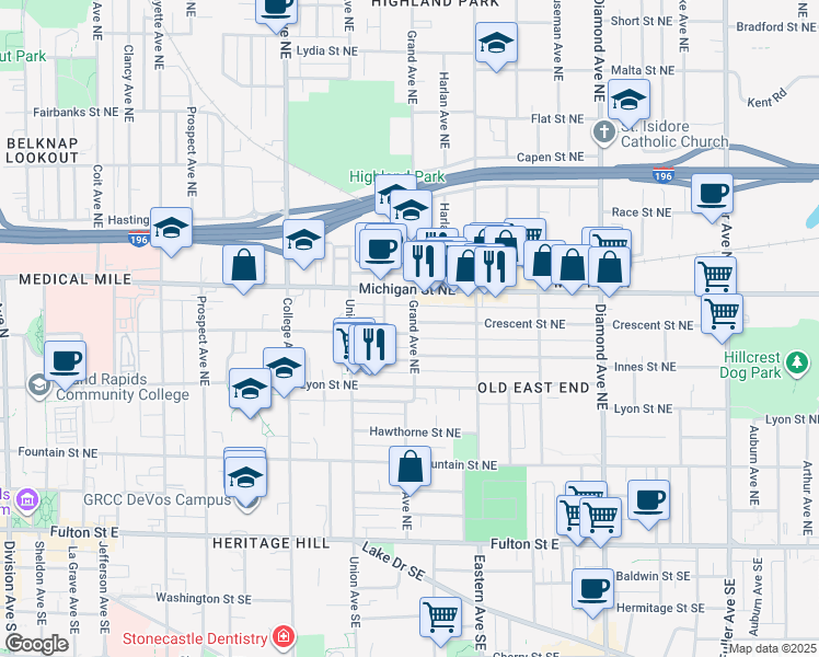 map of restaurants, bars, coffee shops, grocery stores, and more near 714 Crescent Street Northeast in Grand Rapids