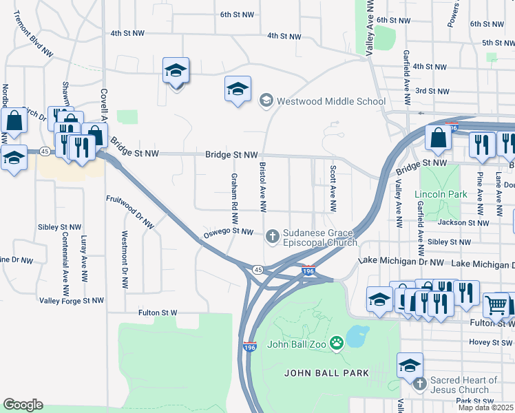 map of restaurants, bars, coffee shops, grocery stores, and more near 1569 Sibley Street Northwest in Grand Rapids