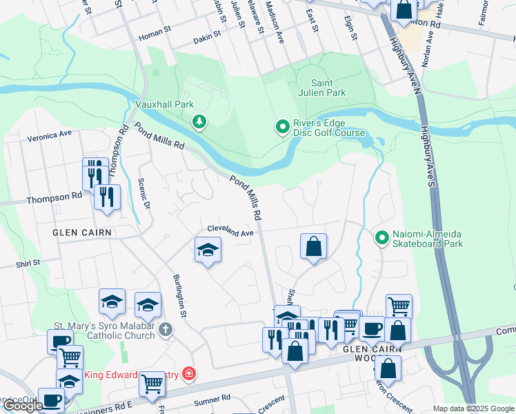 map of restaurants, bars, coffee shops, grocery stores, and more near 146 Pond Mills Road in London