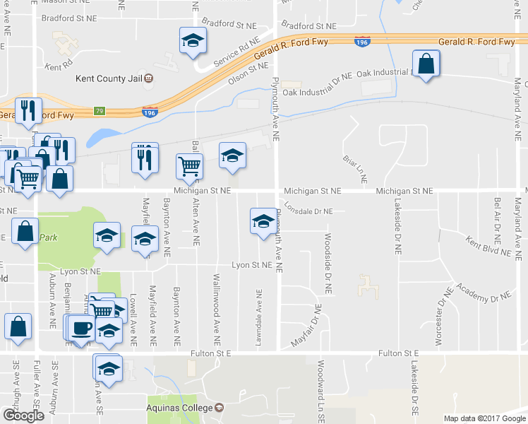 map of restaurants, bars, coffee shops, grocery stores, and more near 324 Lawndale Ave NE in Grand Rapids
