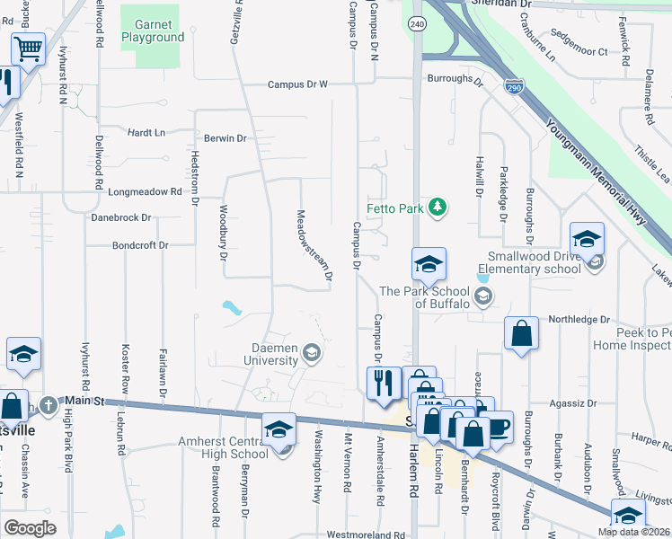 map of restaurants, bars, coffee shops, grocery stores, and more near 93 Meadowstream Drive in Buffalo