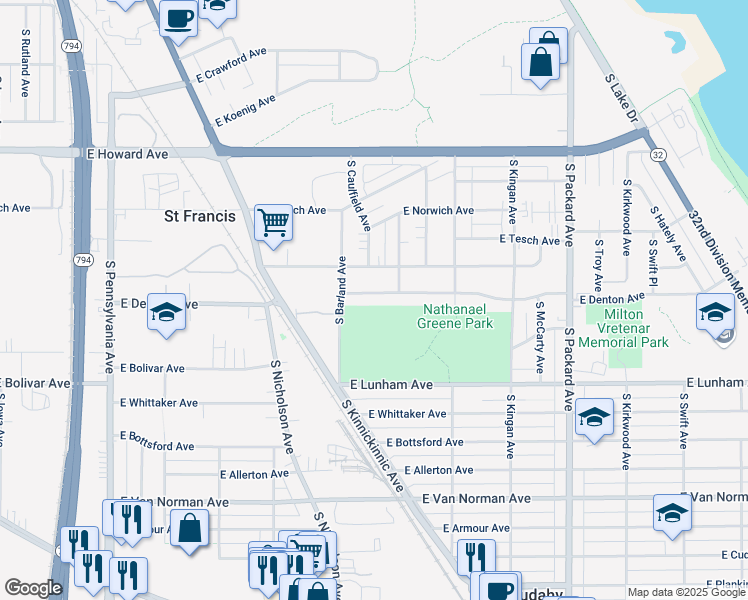 map of restaurants, bars, coffee shops, grocery stores, and more near 3241 East Denton Avenue in Saint Francis