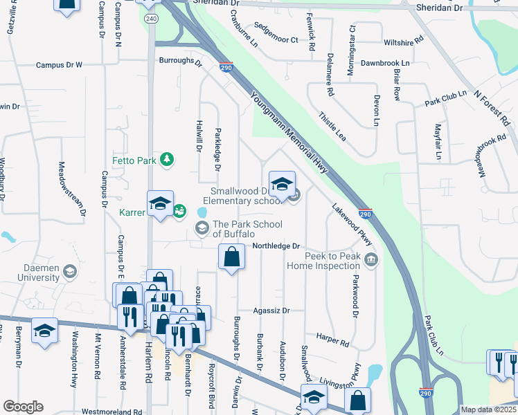 map of restaurants, bars, coffee shops, grocery stores, and more near 34 Willow Wood Park North in Buffalo