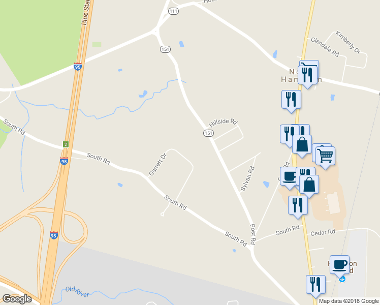 map of restaurants, bars, coffee shops, grocery stores, and more near 7 Garrett Drive in North Hampton