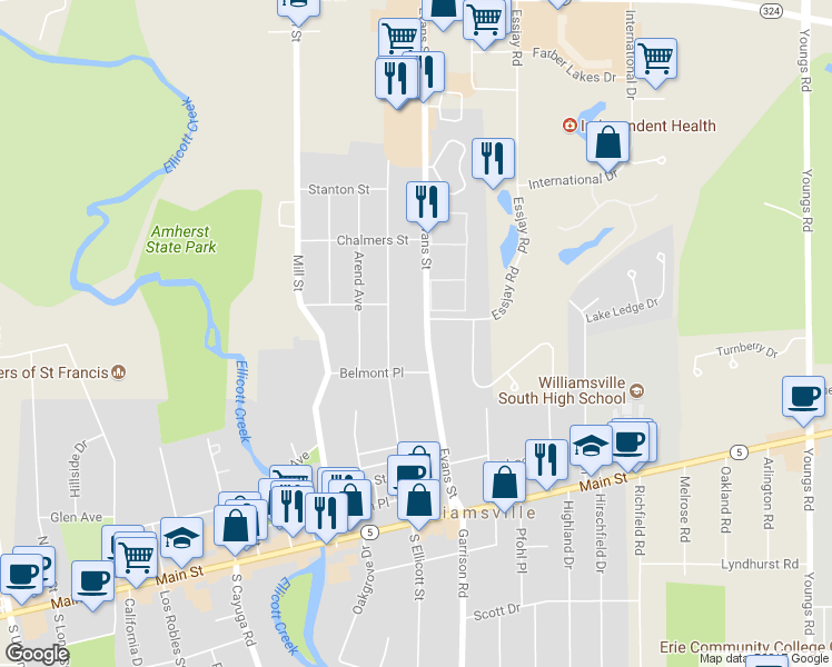 map of restaurants, bars, coffee shops, grocery stores, and more near 186 Evans Street in Buffalo