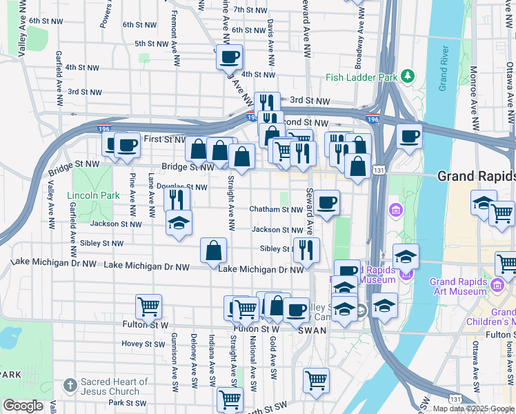 map of restaurants, bars, coffee shops, grocery stores, and more near 719 Chatham Street Northwest in Grand Rapids