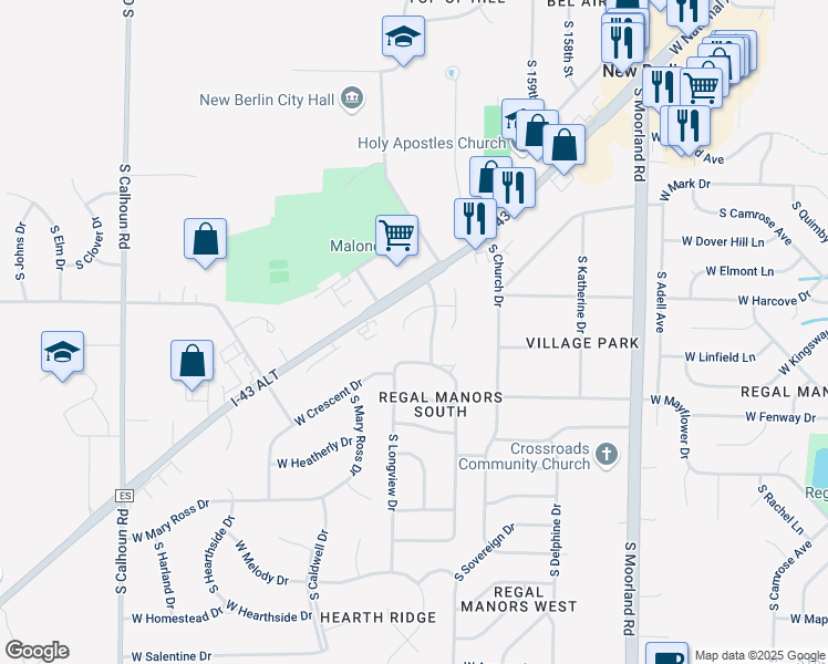 map of restaurants, bars, coffee shops, grocery stores, and more near 4149 South Regal Manor Court in New Berlin