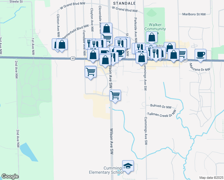map of restaurants, bars, coffee shops, grocery stores, and more near 222 Wilson Avenue Southwest in Grand Rapids