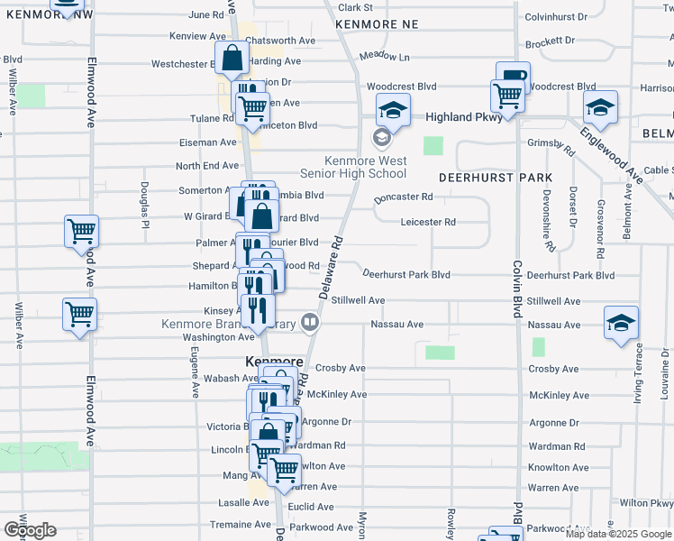 map of restaurants, bars, coffee shops, grocery stores, and more near 249 Delaware Road in Buffalo