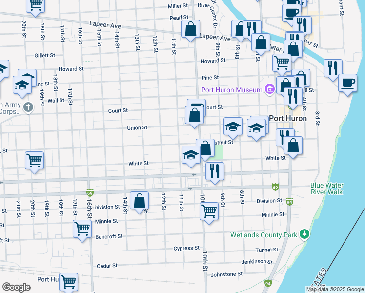 map of restaurants, bars, coffee shops, grocery stores, and more near 1040 Chestnut Street in Port Huron