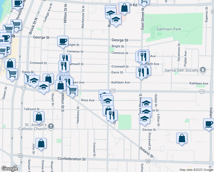 map of restaurants, bars, coffee shops, grocery stores, and more near 125 Russell Street South in Sarnia