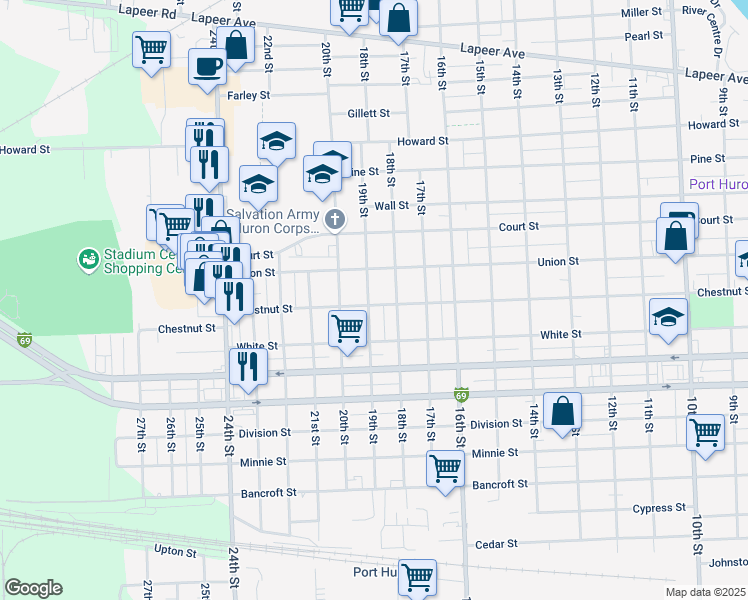 map of restaurants, bars, coffee shops, grocery stores, and more near 1334 19th Street in Port Huron