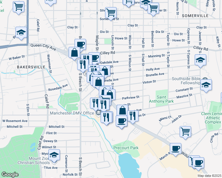 map of restaurants, bars, coffee shops, grocery stores, and more near 79 Vinton Street in Manchester