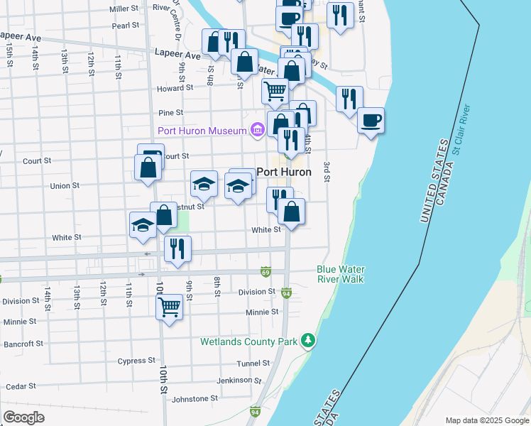 map of restaurants, bars, coffee shops, grocery stores, and more near 1435 6th Street in Port Huron