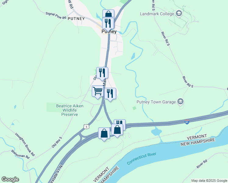 map of restaurants, bars, coffee shops, grocery stores, and more near Old Depot Road in Putney
