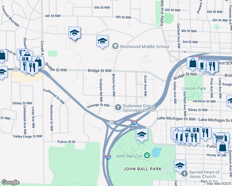 map of restaurants, bars, coffee shops, grocery stores, and more near 1569 Sibley St NW in Grand Rapids