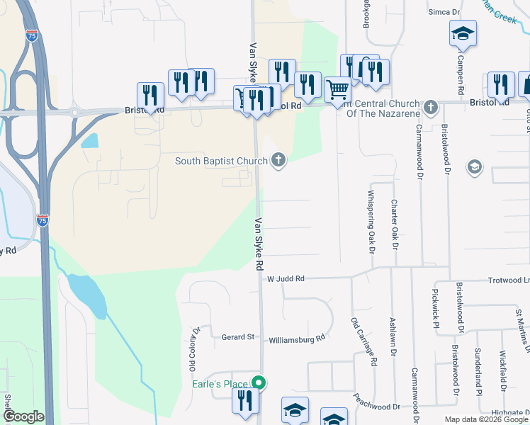 map of restaurants, bars, coffee shops, grocery stores, and more near 4169 Van Slyke Road in Flint