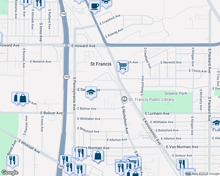 map of restaurants, bars, coffee shops, grocery stores, and more near 2806 East Denton Avenue in Saint Francis