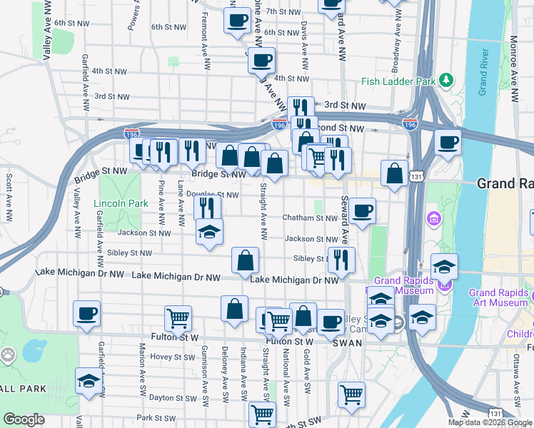 map of restaurants, bars, coffee shops, grocery stores, and more near 300 Straight Avenue Northwest in Grand Rapids