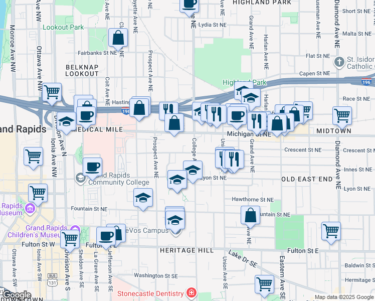 map of restaurants, bars, coffee shops, grocery stores, and more near 471 Crescent Street Northeast in Grand Rapids