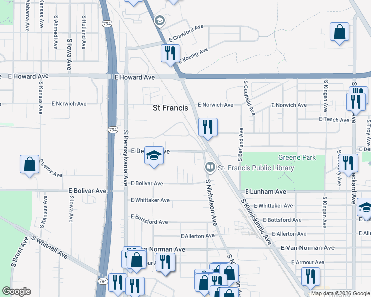 map of restaurants, bars, coffee shops, grocery stores, and more near 2806 East Denton Avenue in Saint Francis