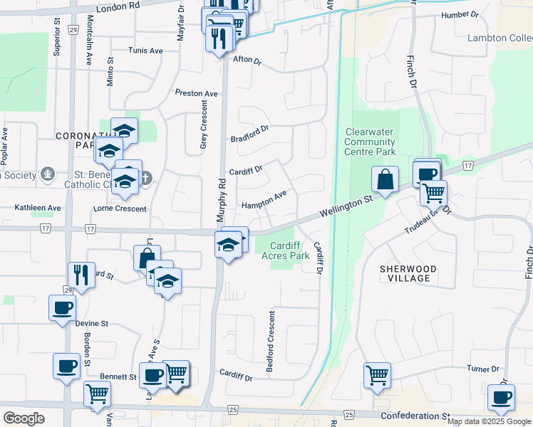 map of restaurants, bars, coffee shops, grocery stores, and more near 718 Kipling Street in Sarnia