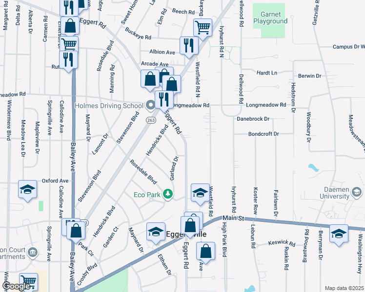 map of restaurants, bars, coffee shops, grocery stores, and more near 1492 Eggert Road in Buffalo