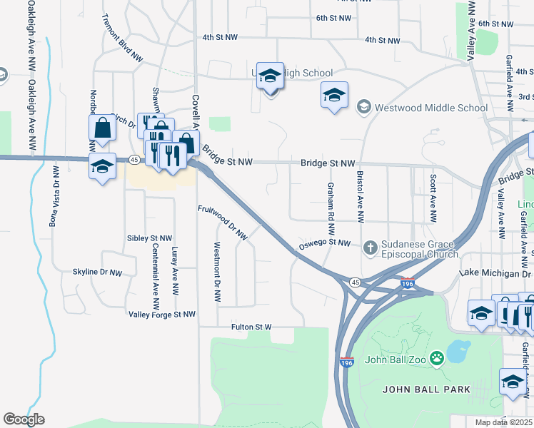 map of restaurants, bars, coffee shops, grocery stores, and more near 1827 Lake Michigan Drive Northwest in Grand Rapids