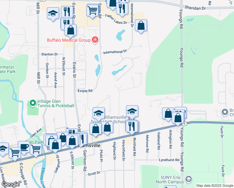 map of restaurants, bars, coffee shops, grocery stores, and more near 160 Farber Lane in Williamsville