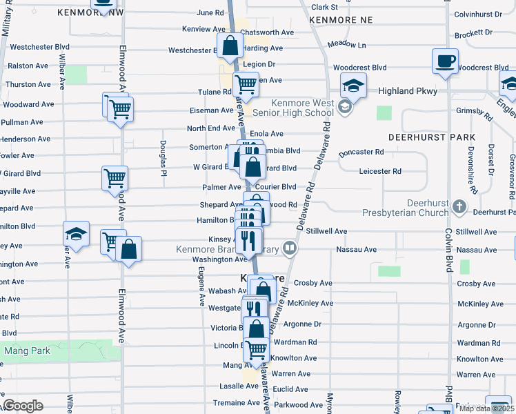 map of restaurants, bars, coffee shops, grocery stores, and more near 17 Delwood Road in Buffalo
