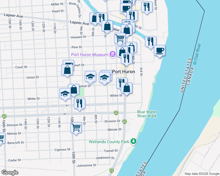 map of restaurants, bars, coffee shops, grocery stores, and more near 1435 6th Street in Port Huron