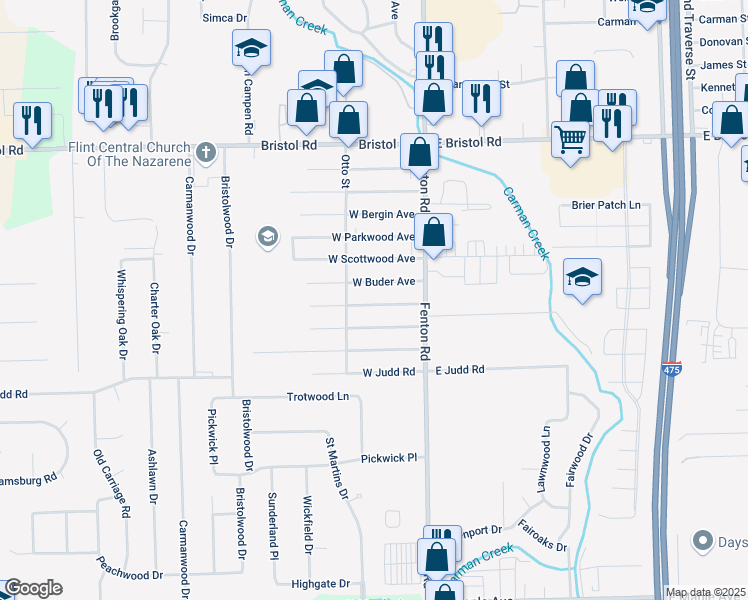 map of restaurants, bars, coffee shops, grocery stores, and more near 1070 West McLean Avenue in Flint
