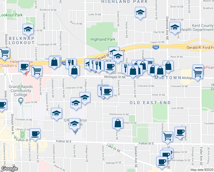 map of restaurants, bars, coffee shops, grocery stores, and more near 557 Crescent Street Northeast in Grand Rapids
