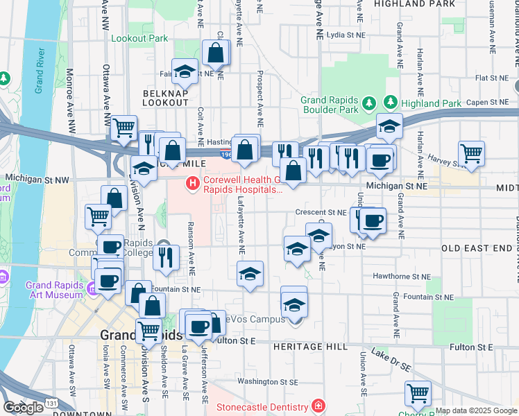 map of restaurants, bars, coffee shops, grocery stores, and more near 335 Crescent Street Northeast in Grand Rapids