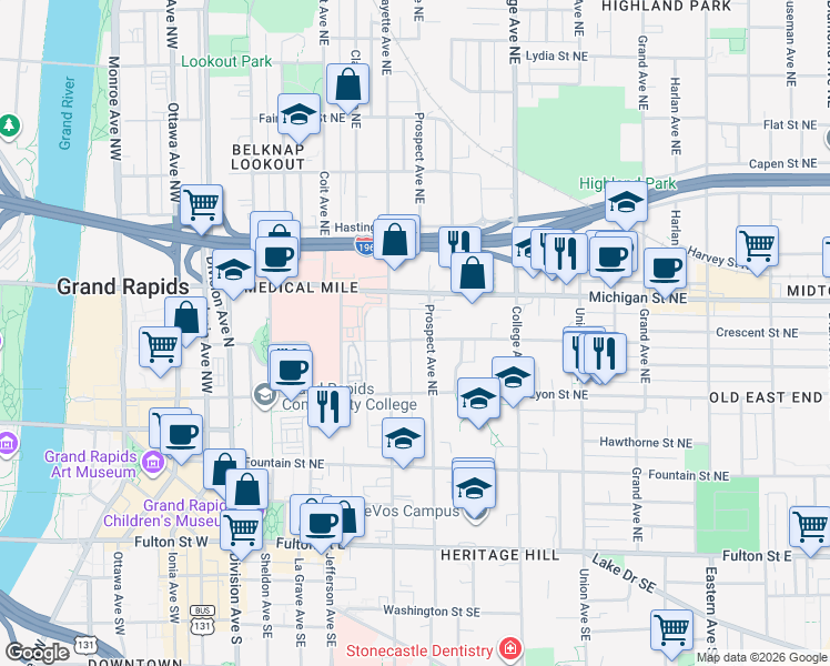 map of restaurants, bars, coffee shops, grocery stores, and more near 335 Crescent Street Northeast in Grand Rapids
