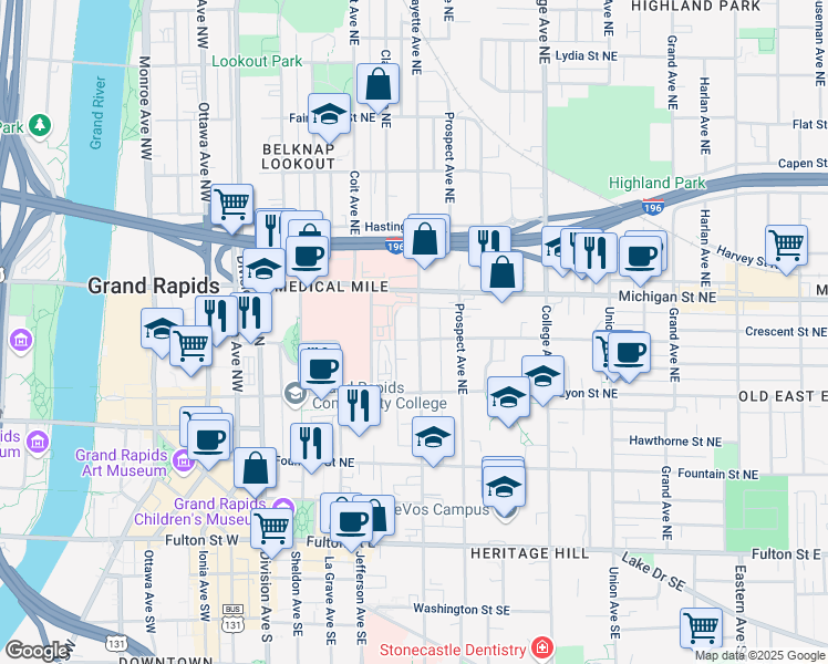map of restaurants, bars, coffee shops, grocery stores, and more near 241 Crescent Street Northeast in Grand Rapids