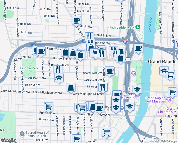 map of restaurants, bars, coffee shops, grocery stores, and more near 719 Chatham Street Northwest in Grand Rapids