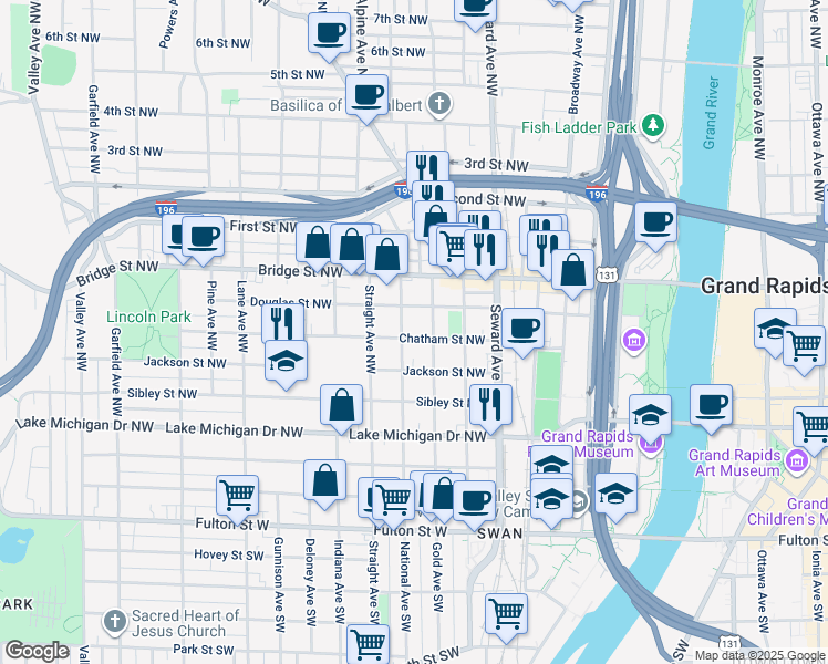 map of restaurants, bars, coffee shops, grocery stores, and more near 719 Chatham Street Northwest in Grand Rapids