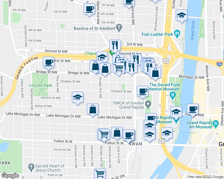 map of restaurants, bars, coffee shops, grocery stores, and more near 717 Chatham Street Northwest in Grand Rapids